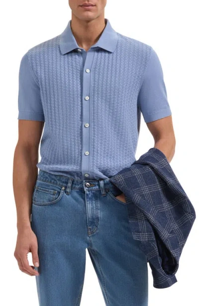 Bugatchi Basket Weave Knit Short Sleeve Cotton Full Button Cardigan In Blue