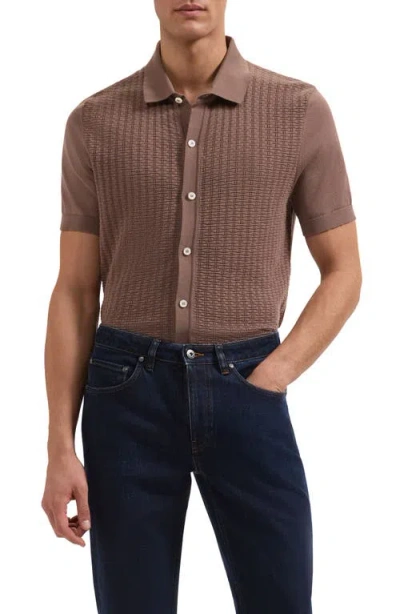 Bugatchi Basket Weave Knit Short Sleeve Cotton Full Button Cardigan In Brown