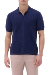 Bugatchi Chevron Short Sleeve Knit Button-up Shirt In Navy