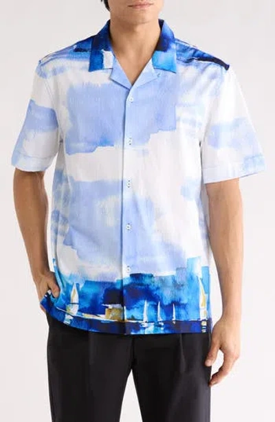 Bugatchi Cole Ooohcotton® Woven Print Short Sleeve Button-up Shirt In Blue