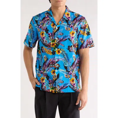Bugatchi Cole Ooohcotton® Woven Print Short Sleeve Button-up Shirt In Blue