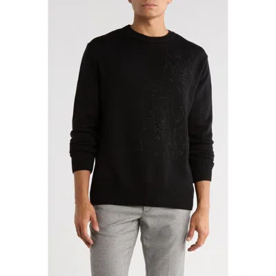 Bugatchi Embroidered Merino Wool Crewneck Sweater In Black