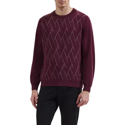 Bugatchi Geometric Extrafine Merino Wool Crewneck Sweater In Burgundy