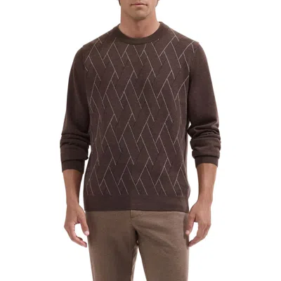 Bugatchi Geometric Extrafine Merino Wool Crewneck Sweater In Chocolate