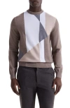 Bugatchi Geometric Pattern Merino Wool Crewneck Sweater In Brown