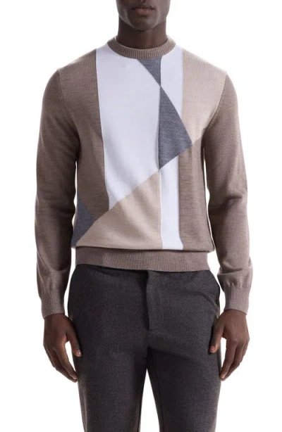 Bugatchi Geometric Pattern Merino Wool Crewneck Sweater In Brown