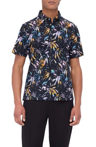 Bugatchi Hendrix Digital Leaf Print Pima Cotton Polo In Black