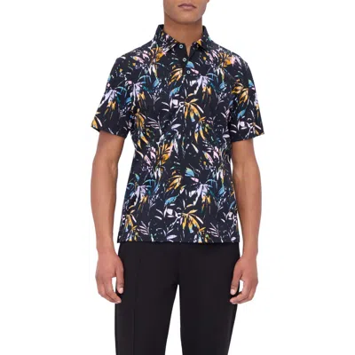 Bugatchi Hendrix Digital Leaf Print Pima Cotton Polo In Black