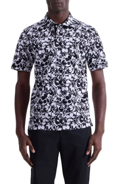 Bugatchi Hendrix Digital Monochromatic Floral Print Pima Cotton Polo In Black