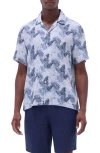 Bugatchi Jackson Floral Leaf Print Linen Camp Shirt In Teal