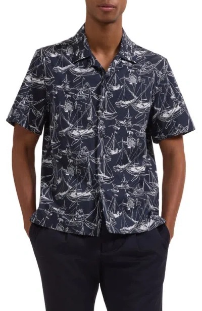 Bugatchi Jackson Marina Print Stretch Cotton Camp Shirt In Black
