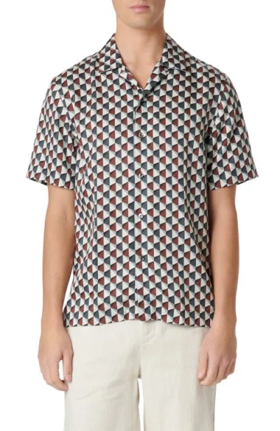 Bugatchi Jackson Shaped Fit Geo Print Short Sleeve Button-up Camp Shirt In Sienna