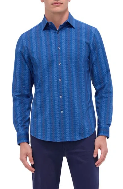 Bugatchi Jimmy Ooohcotton® Herringbone Print Button-up Shirt In Night Blue