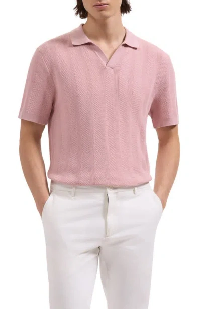 Bugatchi Johnny Collar Basket Stitch Cotton Blend Short Sleeve Sweater In Pink