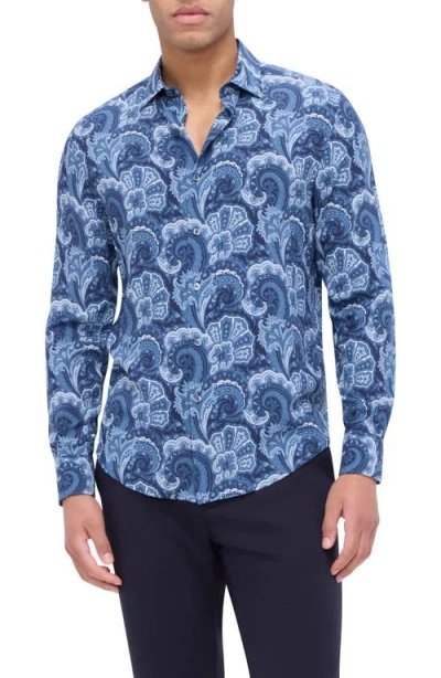Bugatchi Julian Paisley Ecovero™ Viscose Button-up Shirt In Navy