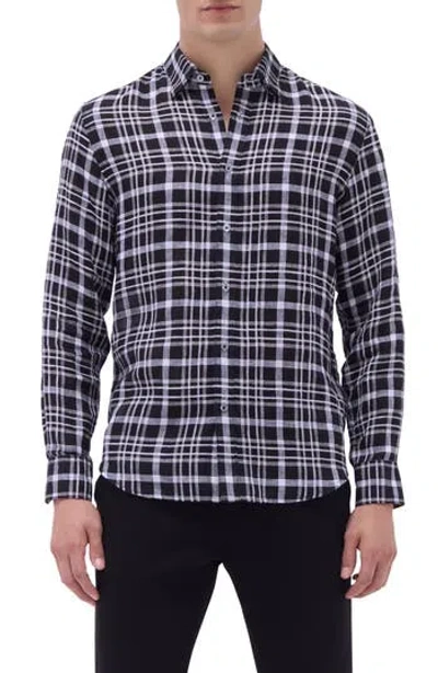 Bugatchi Julian Plaid Linen Button-up Shirt In Black
