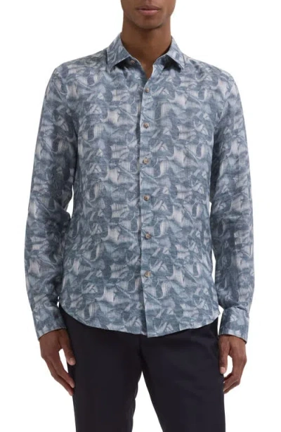 Bugatchi Julian Shaped Fit Abstract Leaf Print Linen Button-up Shirt In Blue
