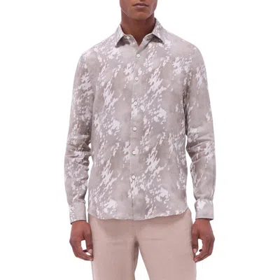 Bugatchi Julian Shaped Fit Abstract Print Linen Button-up Shirt In Olive