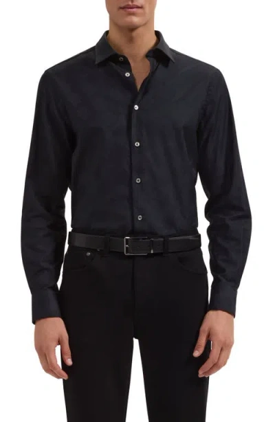 Bugatchi Julian Shaped Fit Black Stretch Cotton Jacquard Button-up Shirt In Green