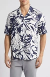 Bugatchi Julian Shaped Fit Ecovero™ Abstract Floral Print Camp Shirt In Navy
