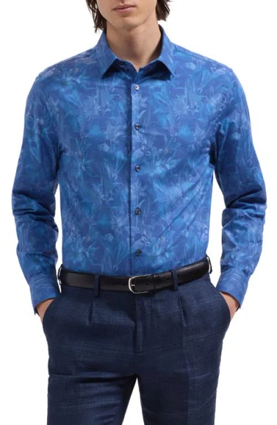 Bugatchi Julian Shaped Fit Floral Stretch Cotton Button-up Shirt In Blue