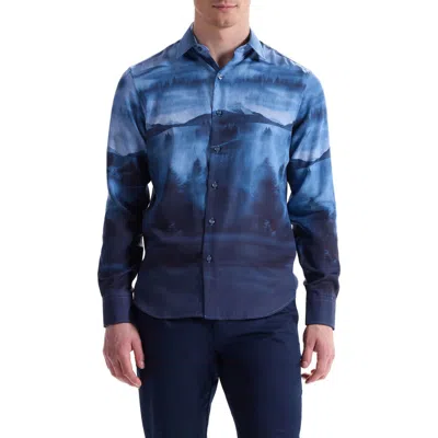 Bugatchi Julian Shaped Fit Landscape Print Lyocell Button-up Shirt In Blue