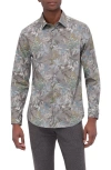 Bugatchi Julian Shaped Fit Leaf Print Button-up Shirt In Khaki
