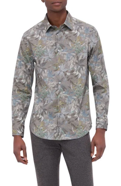 Bugatchi Julian Shaped Fit Leaf Print Button-up Shirt In Khaki