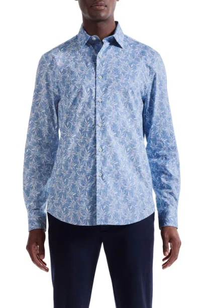 Bugatchi Julian Shaped Fit Leaf Print Cotton Button-up Shirt In Blue