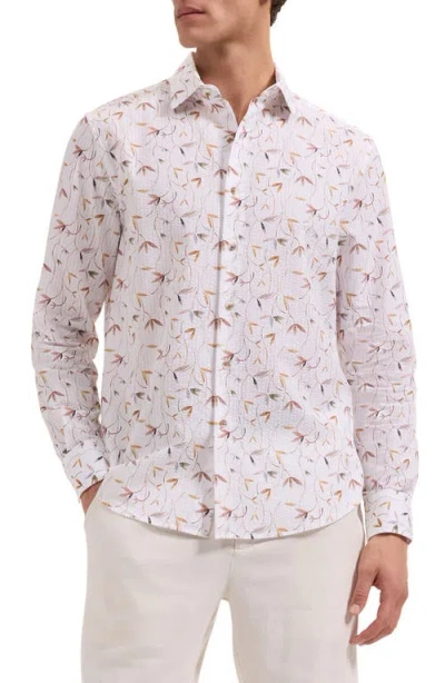 Bugatchi Julian Shaped Fit Leaf Print Cotton Seersucker Button-up Shirt In Pink