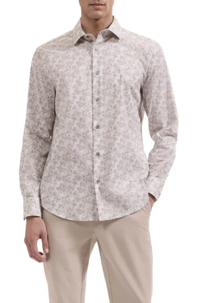 Bugatchi Julian Shaped Fit Leaf Print Stretch Button-up Shirt In Neutral