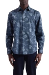 Bugatchi Julian Shaped Fit Leaf Print Stretch Cotton Button-up Shirt In Blue
