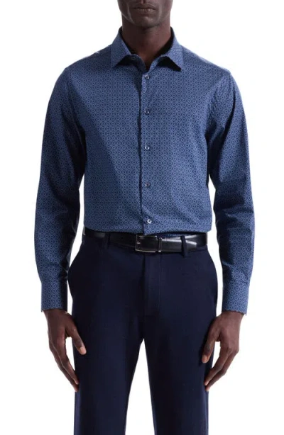 Bugatchi Julian Shaped Fit Medallion Print Stretch Cotton Button-up Shirt In Blue