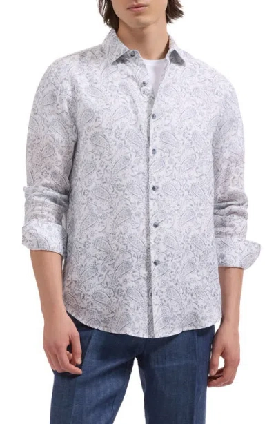 Bugatchi Julian Shaped Fit Paisley Print Linen Button-up Shirt In White