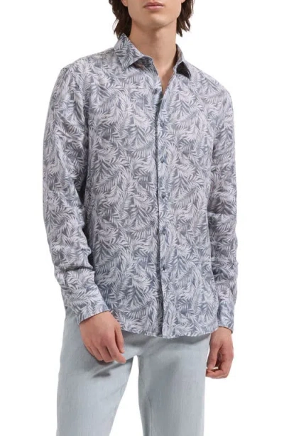 Bugatchi Julian Shaped Fit Palm Leaf Print Linen Button-up Shirt In Blue
