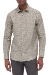 Bugatchi Axel Leaf Print Stretch Button-up Shirt In Khaki