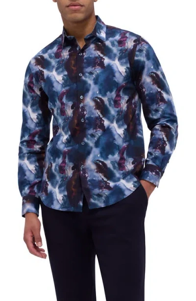 Bugatchi Julian Shaped Fit Print Button-up Shirt In Night Blue