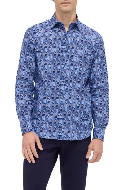 Bugatchi Julian Shaped Fit Print Button-up Shirt In Sapphire