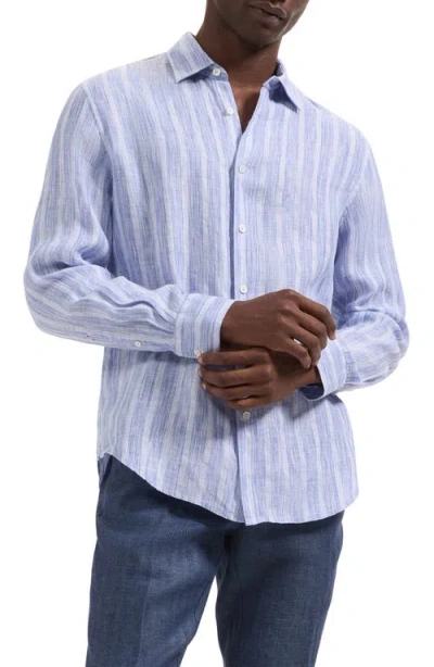 Bugatchi Julian Shaped Fit Stripe Linen Button-up Shirt In Blue