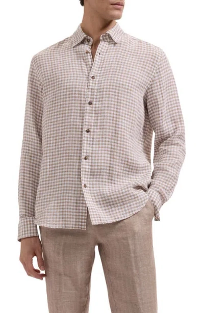 Bugatchi Karl Shaped Fit Gingham Check Linen Button-up Shirt In Neutral