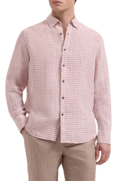 Bugatchi Karl Shaped Fit Gingham Check Linen Button-up Shirt In Pink