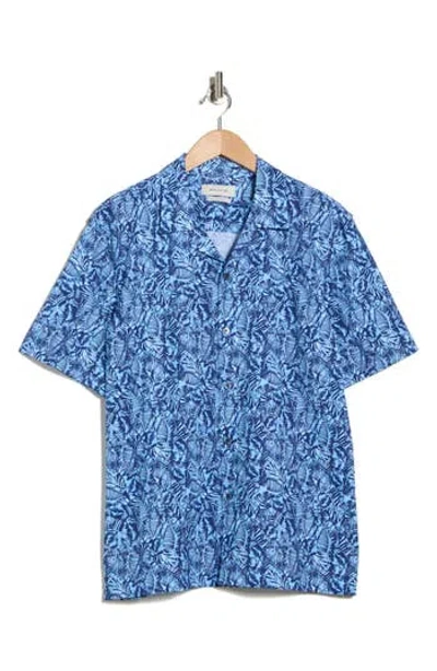 Bugatchi Leaf Print Camp Shirt In Blue