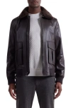 Bugatchi Leather Bomber Jacket With Removable Genuine Shearling Collar In Brown