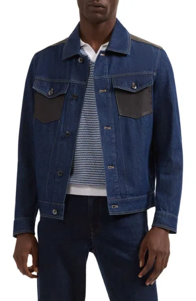Bugatchi Leather Trim Denim Trucker Jacket In Blue