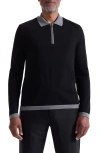Bugatchi Long Sleeve Merino Wool Quarter Zip Polo Sweater In Black