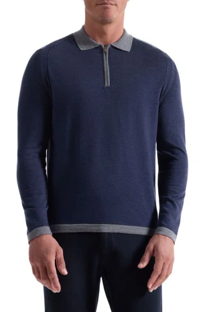 Bugatchi Long Sleeve Merino Wool Quarter Zip Polo Sweater In Blue