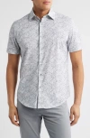 Bugatchi Miles Ooohcotton® Abstract Print Short Sleeve Button-up Shirt In Platinum
