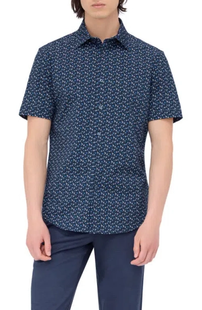 Bugatchi Miles Ooohcotton® Barware Print Short Sleeve Button-up Shirt In Navy