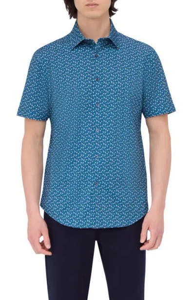 Bugatchi Miles Ooohcotton® Barware Print Short Sleeve Button-up Shirt In Teal