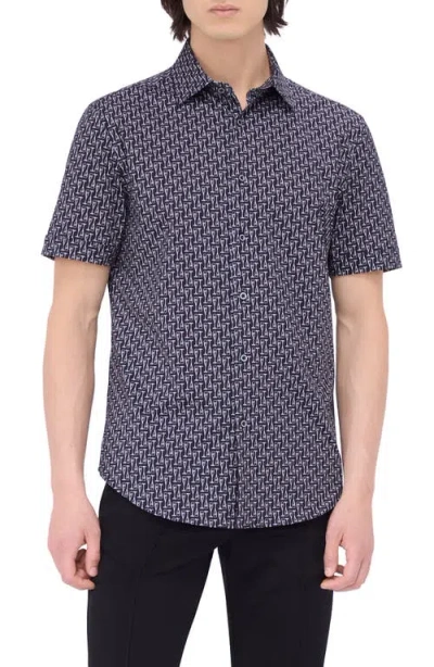 Bugatchi Miles Ooohcotton® Champagne Flute Print Short Sleeve Button-up Shirt In Black